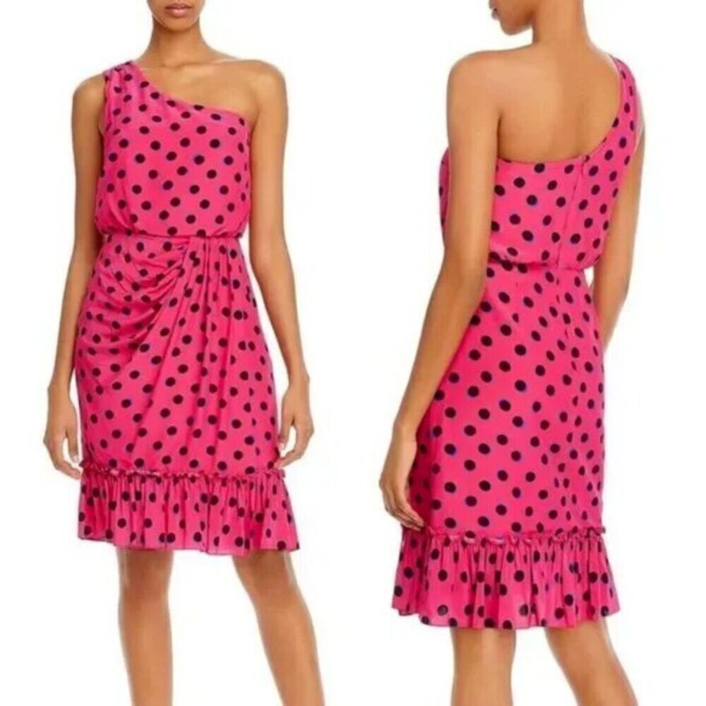 DEREK LAM 10 Crosby Hot Pink Black Polka Dot One Shoulder Mini Dress Size 0